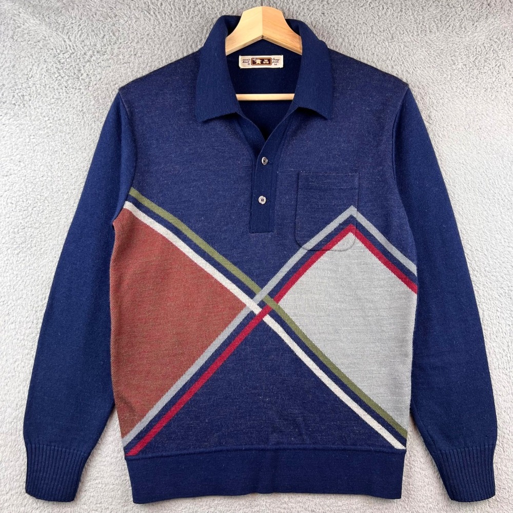 Vintage 70s Mens Knit Collared Sweater Geometric Print Long Sleeve Polo Shirt M